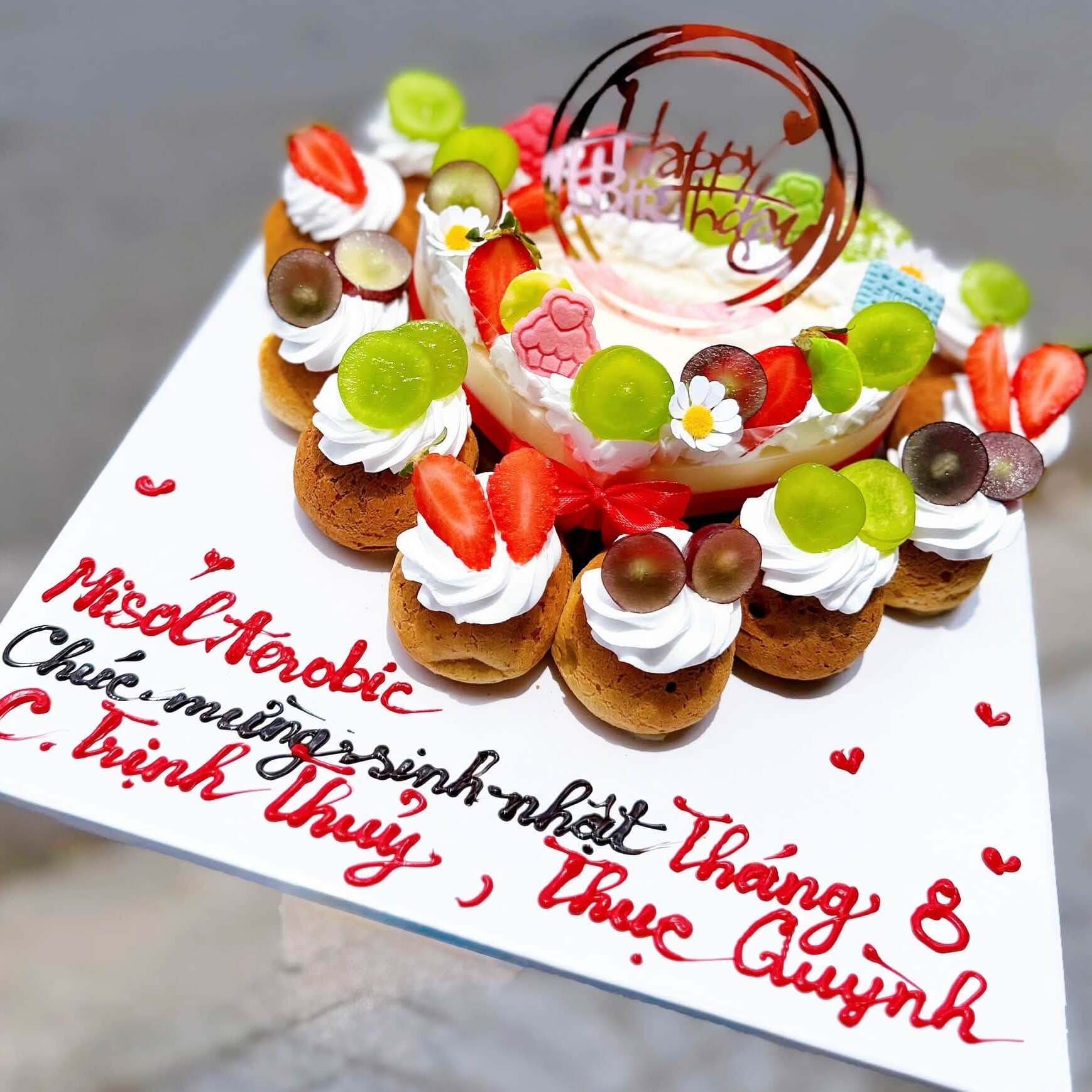 Bánh Sinh Nhật Rau Câu Flan size 16cm Tim và 10 Su Sing